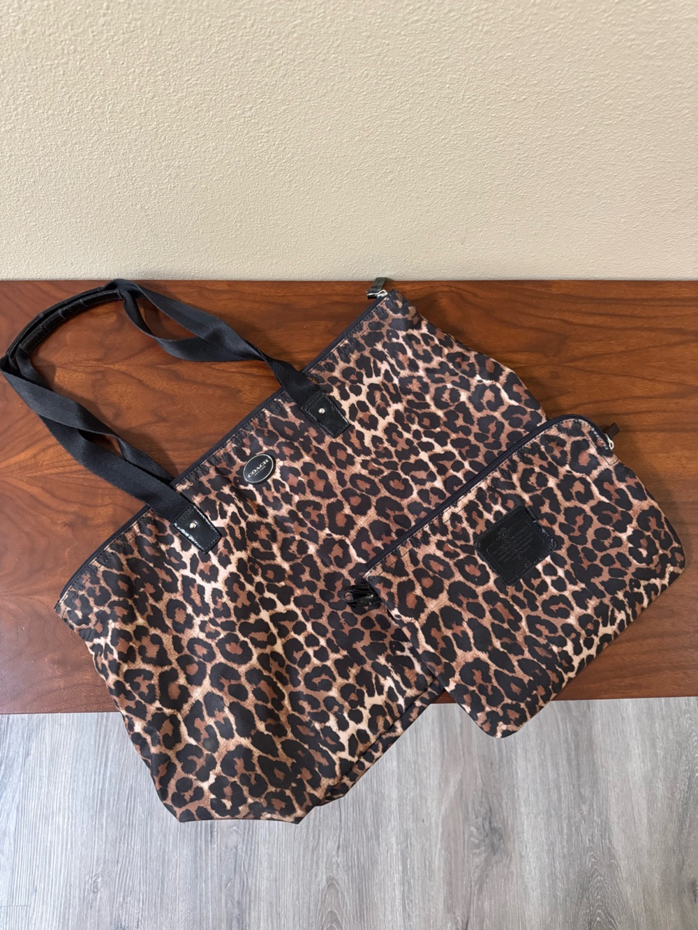 Coach Leopard Print Brown and Black Nylon Travel Bag Tote Pouch Foldable Set XL